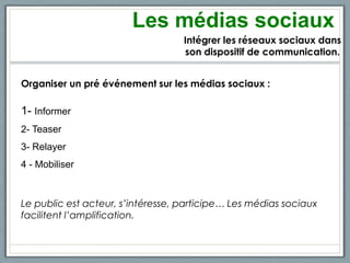 Les médias sociaux
                                   Intégrer les réseaux sociaux dans
                                   son dispositif de communication.


Organiser un pré événement sur les médias sociaux :

1- Informer
2- Teaser
3- Relayer
4 - Mobiliser



Le public est acteur, s’intéresse, participe… Les médias sociaux
facilitent l’amplification.
 