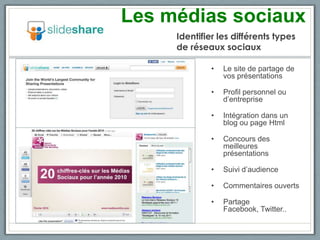 Les médias sociaux
     Identifier les différents types
     de réseaux sociaux

              •   Le site de partage de
                  vos présentations

              •   Profil personnel ou
                  d’entreprise

              •   Intégration dans un
                  blog ou page Html

              •   Concours des
                  meilleures
                  présentations

              •   Suivi d’audience

              •   Commentaires ouverts

              •   Partage
                  Facebook, Twitter..
 