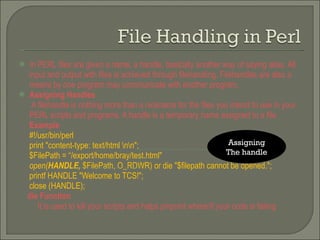 In PERL files are given a name, a handle, basically another way of saying alias. All input and output with files is achieved through filehandling. Filehandles are also a means by one program may communicate with another program. Assigning Handles A filehandle is nothing more than a nickname for the files you intend to use in your PERL scripts and programs. A handle is a temporary name assigned to a file. Example #!/usr/bin/perl print &quot;content-type: text/html \n\n&quot;;  $FilePath = “/export/home/bray/test.html&quot; open( HANDLE,  $FilePath, O_RDWR) or die &quot;$filepath cannot be opened.&quot;; printf HANDLE &quot;Welcome to TCS!&quot;; close (HANDLE); die Function  It is used to kill your scripts and helps pinpoint where/if your code is failing Assigning The handle 