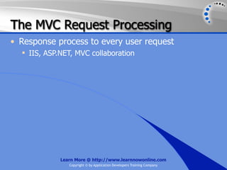 The MVC Request Processing
• Response process to every user request
   IIS, ASP.NET, MVC collaboration




             Learn More @ http://www.learnnowonline.com
                Copyright © by Application Developers Training Company
 