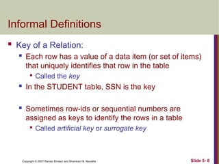 Slide 5- 8
Copyright © 2007 Ramez Elmasri and Shamkant B. Navathe
Informal Definitions
 Key of a Relation:
 Each row has a value of a data item (or set of items)
that uniquely identifies that row in the table

Called the key
 In the STUDENT table, SSN is the key
 Sometimes row-ids or sequential numbers are
assigned as keys to identify the rows in a table

Called artificial key or surrogate key
 