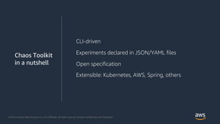 © 2018, Amazon Web Services, Inc. or its Affiliates. All rights reserved. Amazon Confidential and Trademark
CLI-driven
Experiments declared in JSON/YAML files
Open specification
Extensible: Kubernetes, AWS, Spring, others
 