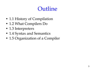 Outline
• 1.1 History of Compilation
• 1.2 What Compilers Do
• 1.3 Interpreters
• 1.4 Syntax and Semantics
• 1.5 Organization of a Compiler
3
 