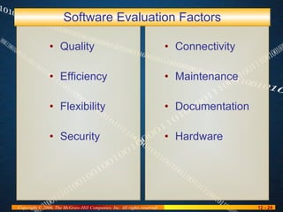 Software Evaluation Factors Quality Efficiency Flexibility Security Connectivity Maintenance Documentation Hardware 