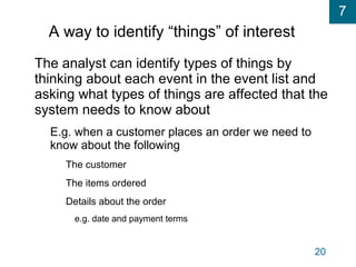 7
20
A way to identify “things” of interest
The analyst can identify types of things by
thinking about each event in the event list and
asking what types of things are affected that the
system needs to know about
E.g. when a customer places an order we need to
know about the following
The customer
The items ordered
Details about the order
e.g. date and payment terms
 