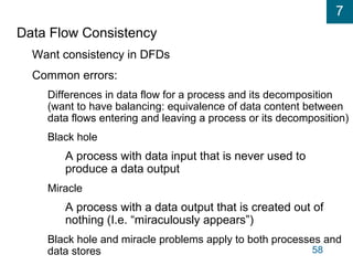 7
58
Data Flow Consistency
Want consistency in DFDs
Common errors:
Differences in data flow for a process and its decomposition
(want to have balancing: equivalence of data content between
data flows entering and leaving a process or its decomposition)
Black hole
A process with data input that is never used to
produce a data output
Miracle
A process with a data output that is created out of
nothing (I.e. “miraculously appears”)
Black hole and miracle problems apply to both processes and
data stores
 