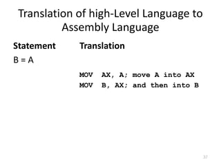 Translation of high-Level Language to
Assembly Language
Statement Translation
B = A
MOV AX, A; move A into AX
MOV B, AX; and then into B
37
 