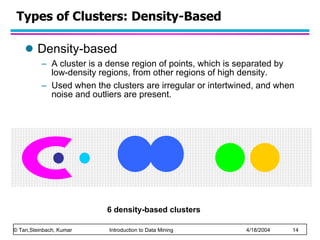 Types of Clusters: Density-Based Density-based A cluster is a dense region of points, which is separated by low-density regions, from other regions of high density.  Used when the clusters are irregular or intertwined, and when noise and outliers are present.  6 density-based clusters 