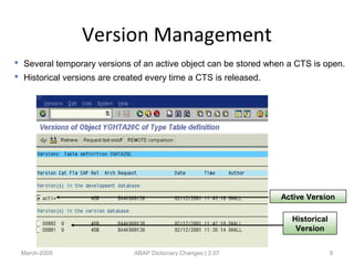 Version Management
March-2005 ABAP Dictionary Changes | 2.07 9
Active Version
Historical
Version
 Several temporary versions of an active object can be stored when a CTS is open.
 Historical versions are created every time a CTS is released.
 