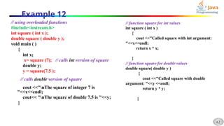 62
Example 12
// using overloaded functions
#include<iostream.h>
int square ( int x );
double square ( double y );
void main ( )
{
int x;
x= square (7); // calls int version of square
double y;
y = square(7.5 );
// calls double version of square
cout <<"nThe square of integer 7 is
"<<x<<endl;
cout<< "nThe square of double 7.5 is "<<y;
}
// function square for int values
int square ( int x )
{
cout <<"Called square with int argument:
"<<x<<endl;
return x * x;
}
// function square for double values
double square( double y )
{
cout <<"Called square with double
argument: "<<y <<endl;
return y * y;
}
 