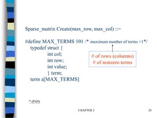 CHAPTER 2 28
Sparse_matrix Create(max_row, max_col) ::=
#define MAX_TERMS 101 /* maximum number of terms +1*/
typedef struct {
int col;
int row;
int value;
} term;
term a[MAX_TERMS]
* (P.69)
# of rows (columns)
# of nonzero terms
 