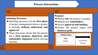 Process Interactions
Initiating Processes
Initiating processes are the first phase
of project management where a project
is formally defined, authorized, and
approved.
These processes ensure that the project
has a clear purpose, objectives, and
stakeholder alignment before moving
forward.
Purpose:
Define why the project is needed.
Identify key stakeholders.
Secure approval and funding.
Ensure the project aligns with
business goals.
 