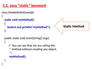 3.2. Java “static” keyword
class SimpleStaticExample
{
static void myMethod()
{
System.out.println("myMethod");
}
public static void main(String[] args)
{
/* You can see that we are calling this
* method without creating any object.
*/
myMethod();
}
}
Static Method
 