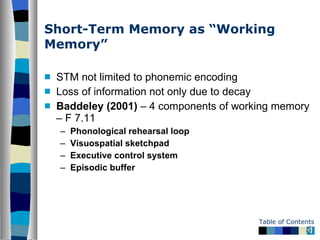 Short-Term Memory as “Working Memory” STM not limited to phonemic encoding Loss of information not only due to decay Baddeley (2001)  – 4 components of working memory – F 7.11 Phonological rehearsal loop Visuospatial sketchpad Executive control system Episodic buffer 