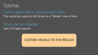 Cannot select item in (the standard) table
Slicers can be inflexible
CUSTOM VISUALS TO THE RESCUE!
 