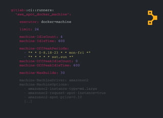 gitlab::ci::runners:
		'aws_spot_docker_machine':
				executor:	docker+machine
				limit:	24
				machine-IdleCount:	4
				machine-IdleTime:	600
				machine-OffPeakPeriods:
						-	"*	*	0-8,18-23	*	*	mon-fri	*"
						-	"*	*	*	*	*	sat,sun	*"
				machine-OffPeakIdleCount:	0
				machine-OffPeakIdleTime:	600
				machine-MaxBuilds:	30
 