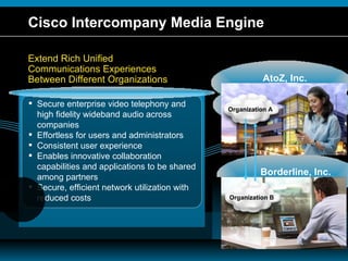 Cisco Intercompany Media Engine Extend Rich Unified Communications Experiences Between Different Organizations Secure enterprise video telephony and high fidelity wideband audio across companies  Effortless for users and administrators Consistent user experience Enables innovative collaboration capabilities and applications to be shared among partners Secure, efficient network utilization with reduced costs AtoZ, Inc. Borderline, Inc. Organization A Organization B 