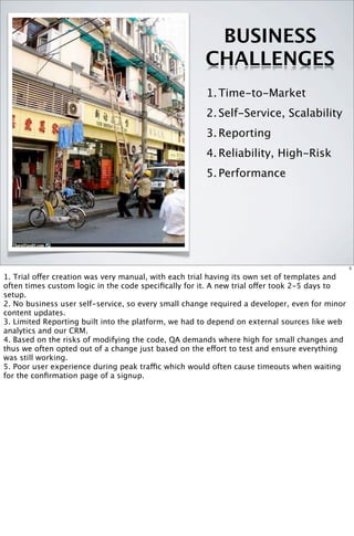 1.Time-to-Market
2.Self-Service, Scalability
3.Reporting
4.Reliability, High-Risk
5.Performance
BUSINESS
CHALLENGES
5
1. Trial offer creation was very manual, with each trial having its own set of templates and
often times custom logic in the code speciﬁcally for it. A new trial offer took 2-5 days to
setup.
2. No business user self-service, so every small change required a developer, even for minor
content updates.
3. Limited Reporting built into the platform, we had to depend on external sources like web
analytics and our CRM.
4. Based on the risks of modifying the code, QA demands where high for small changes and
thus we often opted out of a change just based on the effort to test and ensure everything
was still working.
5. Poor user experience during peak traffic which would often cause timeouts when waiting
for the conﬁrmation page of a signup.
 
