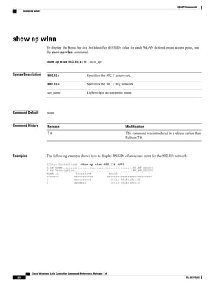 show ap wlan
To display the Basic Service Set Identifier (BSSID) value for each WLAN defined on an access point, use
the show ap wlan command.
show ap wlan 802.11{a | b} cisco_ap
Syntax Description Specifies the 802.11a network.
802.11a
Specifies the 802.11b/g network.
802.11b
Lightweight access point name.
ap_name
Command Default None
Command History Modification
Release
This command was introduced in a release earlier than
Release 7.6.
7.6
Examples The following example shows how to display BSSIDs of an access point for the 802.11b network:
(Cisco Controller) >show ap wlan 802.11b AP01
Site Name........................................ MY_AP_GROUP1
Site Description................................. MY_AP_GROUP1
WLAN ID Interface BSSID
------- ----------- --------------------------
1 management 00:1c:0f:81:fc:20
2 dynamic 00:1c:0f:81:fc:21
Cisco Wireless LAN Controller Command Reference, Release 7.4
210 OL-28745-01
LWAP Commands
show ap wlan
 