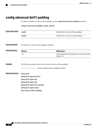 config advanced dot11-padding
To enable or disable over-the-air frame padding, use the config advanced dot11-padding command.
config advanced dot11-padding {enable | disable}
Syntax Description Enables the over-the-air frame padding.
enable
Disables the over-the-air frame padding.
disable
Command Default The default over-the-air frame padding is disabled.
Command History Modification
Release
This command was introduced in a release earlier than
Release 7.6.
7.6
Examples The following example shows how to enable over-the-air frame padding:
(Cisco Controller) > config advanced dot11-padding enable
Related Commands debug dot11
debug dot11 mgmt interface
debug dot11 mgmt msg
debug dot11 mgmt ssid
debug dot11 mgmt state-machine
debug dot11 mgmt station
show advanced dot11-padding
Cisco Wireless LAN Controller Command Reference, Release 7.4
38 OL-28745-01
LWAP Commands
config advanced dot11-padding
 