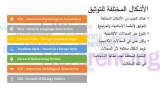 ‫للتوثيق‬ ‫المختلفة‬ ‫األشكال‬
▪
‫المختلفة‬ ‫األشكال‬ ‫من‬ ‫العديد‬ ‫هناك‬
‫للتوثيق‬
(
‫المر‬‫و‬ ‫االستشهاد‬ ‫أنظمة‬
‫اجع‬
)
▪
‫األكاديمية‬ ‫المجاالت‬ ‫عبر‬ ‫ع‬
‫تتنو‬
▪
‫األكاديمية‬ ‫المجاالت‬ ‫في‬ ‫حتى‬ ‫ولكن‬
،
‫المجالت‬ ‫ألن‬ ‫مختلفة‬ ‫أشكال‬ ‫توجد‬
‫الس‬ ‫ا‬ً
‫نظام‬ ‫تحدد‬ ‫المختلفة‬ ‫العلمية‬
‫تخدامه‬
‫المجالت‬ ‫تلك‬ ‫في‬
.
APA – American Psychological Association
MLA – Modern Language Association
Chicago Style – Chicago Manual of Style
Turabian Style – based on Chicago Style
Harvard Referencing System
ASA – American Sociological Association
CBE - Council of Biology Editors
 