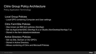 Citrix Group Policy Architecture 
Policy Application Terminology 
Local Group Policies 
• Local GPO containing Computer and User settings 
Citrix FarmSite Policies 
• Also known as IMA farm policies (XenApp) 
• Set via AppCenterDSC (XenApp 6.x) or Studio (XenDesktopXenApp 7.x) 
• Stored in the farm datastoredatabase 
Active Directory Policies 
• Set via Site, Domain or OU GPO’s 
• Stored in Active Directory 
• Allows combining of Citrix and Microsoft Policies 
3 © 2014 Citrix. Confidential. 
 