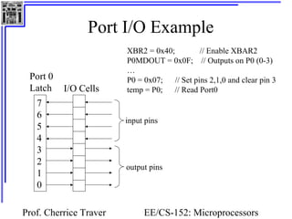 Port I/O Example
                        XBR2 = 0x40;          // Enable XBAR2
                        P0MDOUT = 0x0F; // Outputs on P0 (0-3)
                        …
 Port 0                 P0 = 0x07;   // Set pins 2,1,0 and clear pin 3
 Latch    I/O Cells     temp = P0;  // Read Port0
   7
   6
                        input pins
   5
   4
   3
   2
                        output pins
   1
   0

Prof. Cherrice Traver        EE/CS-152: Microprocessors
 