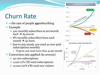 Churn Rate
 = the rate of people unsubscribing
 Example
    500 monthly subscribers at $10/month
     each  $5,000/m
    8% monthly subscribers leave each
     month  40 leave
    Just to stay steady, you need 40 new paid
     subscriptions monthly
         To grow, you need more than 40 per month
 Conversion rate applied (in reverse)
    40 new subscriptions
    2,000 (2% CR) total subscriptions
    10,000 (20% CR) total new visitors
 