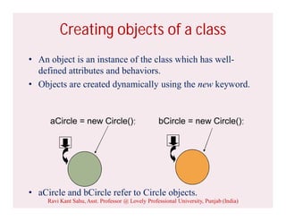 Creating objects of a class
• An object is an instance of the class which has well-
defined attributes and behaviors.
• Objects are created dynamically using the new keyword.
• aCircle and bCircle refer to Circle objects.
bCircle = new Circle();aCircle = new Circle();
Ravi Kant Sahu, Asst. Professor @ Lovely Professional University, Punjab (India)
 