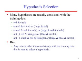 5
Hypothesis Selection
• Many hypotheses are usually consistent with the
training data.
– red & circle
– (small & circle) or (large & red)
– (small & red & circle) or (large & red & circle)
– not [ ( red & triangle) or (blue & circle) ]
– not [ ( small & red & triangle) or (large & blue & circle) ]
• Bias
– Any criteria other than consistency with the training data
that is used to select a hypothesis.
 