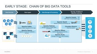 © Cloudera, Inc. All rights reserved. 8© Cloudera, Inc. All rights reserved.
EARLY STAGE: CHAIN OF BIG DATA TOOLS
Data Sources Data Ingest Data Storage & Processing
Serving, Analytics &
Machine Learning
Apache Kafka
Stream or batch ingestion of IoT data
Apache Sqoop
Ingestion of data from relational
sources
Apache Hadoop
Storage (HDFS) & deep batch
processing
Apache Kudu
Storage & serving for fast changing
data
Apache HBase
NoSQL data store for real time
applications
Apache Impala
MPP SQL for fast analytics
Cloudera Search
Real time searchConnected Things/ Data
Sources
Structured Data Sources
Apache Spark
Stream & iterative processing, ML
 