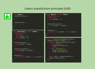 Liskov substitution principle (Liskov substitution principle (LLSP)SP)
class Shape {
setColor(color) {
// ...
}
render(area) {
// ...
}
}
class Rectangle extends Shape {
constructor() {
super();
this.width = 0;
this.height = 0;
}
setWidth(width) {
this.width = width;
}
setHeight(height) {
this.height = height;
}
getArea() {
return this.width * this.height;
}
}
class Square extends Shape {
constructor() {
super();
this.length = 0;
}
setLength(length) {
this.length = length;
}
getArea() {
return this.length * this.length;
}
}
function renderLargeShapes(shapes) {
shapes.forEach((shape) => {
switch (shape.constructor.name) {
case 'Square':
shape.setLength(5);
break;
case 'Rectangle':
shape.setWidth(4);
shape.setHeight(5);
}
const area = shape.getArea();
shape.render(area);
});
}
 