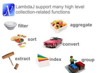 LambdaJ support many high level
collection-related functions


 filter                   aggregate


      sort
                       convert


extract        index             group
 