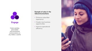 Example of value in the
telecommunications:
• Enhance subscriber
experience
• Create new business
opportunities
• Improve operational
efficiency
Create seamless,
personalized
and omnichannel
communications on
any medium, anytime
Engage
 