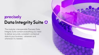 The modular, interoperable Precisely Data
Integrity Suite contains everything you need
to deliver accurate, consistent, contextual
data to your business - wherever and
whenever it’s needed.
 