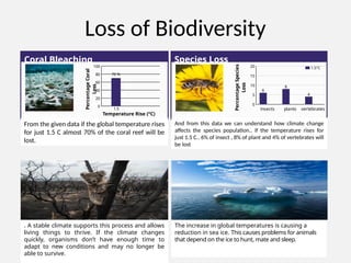 Loss of Biodiversity
0
20
40
60
80
100
70 %
Percentage
Coral
Loss
Coral Bleaching
Temperature Rise (°C)
1.5
Species Loss
insects plants vertebrates
0
5
10
15
20
6
8
4
2°C
Percentage
Species
Loss
1.5°C
From the given data if the global temperature rises
for just 1.5 C almost 70% of the coral reef will be
lost.
And from this data we can understand how climate change
affects the species population.. if the temperature rises for
just 1.5 C.. 6% of insect , 8% of plant and 4% of vertebrates will
be lost
. A stable climate supports this process and allows
living things to thrive. If the climate changes
quickly, organisms don’t have enough time to
adapt to new conditions and may no longer be
able to survive.
The increase in global temperatures is causing a
reduction in sea ice. This causes problems for animals
that depend on the ice to hunt, mate and sleep.
 