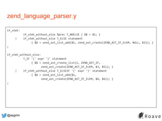 @asgrim
zend_language_parser.y
if_stmt:
if_stmt_without_else %prec T_NOELSE { $$ = $1; }
| if_stmt_without_else T_ELSE statement
{ $$ = zend_ast_list_add($1, zend_ast_create(ZEND_AST_IF_ELEM, NULL, $3)); }
;
if_stmt_without_else:
T_IF '(' expr ')' statement
{ $$ = zend_ast_create_list(1, ZEND_AST_IF,
zend_ast_create(ZEND_AST_IF_ELEM, $3, $5)); }
| if_stmt_without_else T_ELSEIF '(' expr ')' statement
{ $$ = zend_ast_list_add($1,
zend_ast_create(ZEND_AST_IF_ELEM, $4, $6)); }
;
 