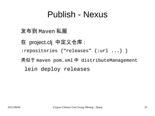 Build Tools - Leiningen (defproject clooj &quot;0.1.18&quot; :description &quot;clooj, a small IDE for clojure&quot; :main clooj.core :dependencies [[clojure &quot;1.2.1&quot;] [clojure-contrib &quot;1.2.0&quot;]]) 