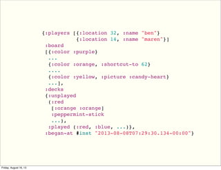{:players [{:location 32, :name "ben"}
{:location 14, :name "maren"}]
:board
[{:color :purple}
...
{:color :orange, :shortcut-to 62}
....
{:color :yellow, :picture :candy-heart}
...],
:decks
{:unplayed
(:red
[:orange :orange]
:peppermint-stick
...),
:played (:red, :blue, ...)},
:began-at #inst "2013-08-08T07:29:30.134-00:00"}
 