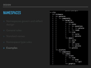 DESIGN
NAMESPACES
▸ Namespaces govern and reﬂect
design
▸ General rules
▸ Standard names
▸ Namespace type rules
▸ Examples
 