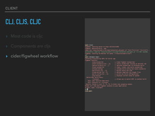 CLIENT
CLJ, CLJS, CLJC
▸ Most code is cljc
▸ Components are cljs
▸ cider/ﬁgwheel workﬂow
 
