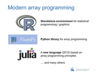 7
Modern array programming
Standalone environment for statistical
programming / graphics
Python library for array programming
A new language (2012) based on
array programming principles
.... and many others
 