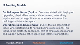 www.Suhail.Cloud #SuhailCloud @SuhailCloud
IT Funding Models
Capital expenditures (CapEx) : Costs associated with buying or
upgrading physical hardware, such as servers, networking
equipment, and storage. It also includes real estate such as
buildings or datacenter space.
Operating expenditures (OpEx) : Costs that an organization
incurs while performing its normal business operations. This
includes the electricity consumed, cost of employees to manage
and support systems, office space, and internet connections
 