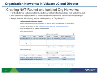 Organization Networks: In VMware vCloud Director
 Creating NAT-Routed and Isolated Org Networks:
     • For the External Network select the External Network to attach to as well as the internal
     • Also select the Network Pool to use for the Internal Network behind the vShield Edge.
     • Assign internal addressing for the Inside portion of Org Network




18
 