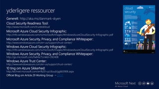 yderligere ressourcer 
Generelt: http://aka.ms/danmark-skyen 
CloudSecurity Readiness Tool: http://www.microsoft.com/trustedcloud 
Microsoft Azure Cloud Security Infographic: http://info.windowsazure.com/rs/microsoft/images/WindowsAzureCloudSecurity-Infographic.pdf 
Microsoft Azure Security, Privacy, and Compliance Whitepaper: http://www.windowsazure.com/en-us/support/trust-center/ 
Windows Azure Cloud Security Infographic: http://info.windowsazure.com/rs/microsoft/images/WindowsAzureCloudSecurity-Infographic.pdf 
Windows Azure Security, Privacy, and Compliance Whitepaper: http://go.microsoft.com/fwlink/?LinkId=392408 
Windows Azure Trust Center: http://www.windowsazure.com/en-us/support/trust-center/ 
10 ting om Azure Sikkerhed: http:/technet.microsoft.com/en%20-us/cloud/gg663906.aspx 
OfficielBlog om Article 29 Working Group –post  