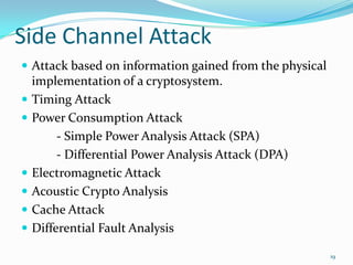 Side Channel AttackAttack based on information gained from the physical implementation of a cryptosystem.Timing AttackPower Consumption Attack		- Simple Power Analysis Attack (SPA)		- Differential Power Analysis Attack (DPA)Electromagnetic AttackAcoustic Crypto AnalysisCache AttackDifferential Fault Analysis19