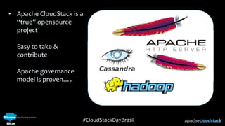 #CloudStackDayBrasil
• Apache CloudStack is a
“true” opensource
project
Easy to take &
contribute
Apache governance
model is proven….
 