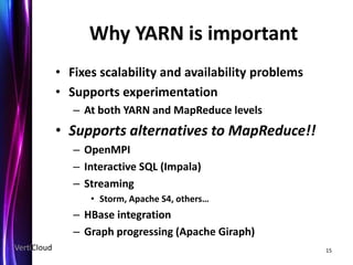 Why YARN is important
             • Fixes scalability and availability problems
             • Supports experimentation
                – At both YARN and MapReduce levels
             • Supports alternatives to MapReduce!!
                – OpenMPI
                – Interactive SQL (Impala)
                – Streaming
                   • Storm, Apache S4, others…
                – HBase integration
                – Graph progressing (Apache Giraph)
VertiCloud                                                   15
 