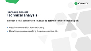 In-depth look at each system involved to determine implementation plan.
Requires cooperation from each party
Knowledge gaps can prolong the process quite a bit.
Figuringout the scope
Technical analysis
 