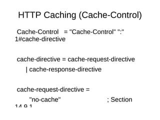 HTTP Caching (Cache-Control)
 Cache-Control = "Cache-Control" ":"
1#cache-directive


cache-directive = cache-request-directive
   | cache-response-directive


cache-request-directive =
     "no-cache"                 ; Section
14.9.1
 
